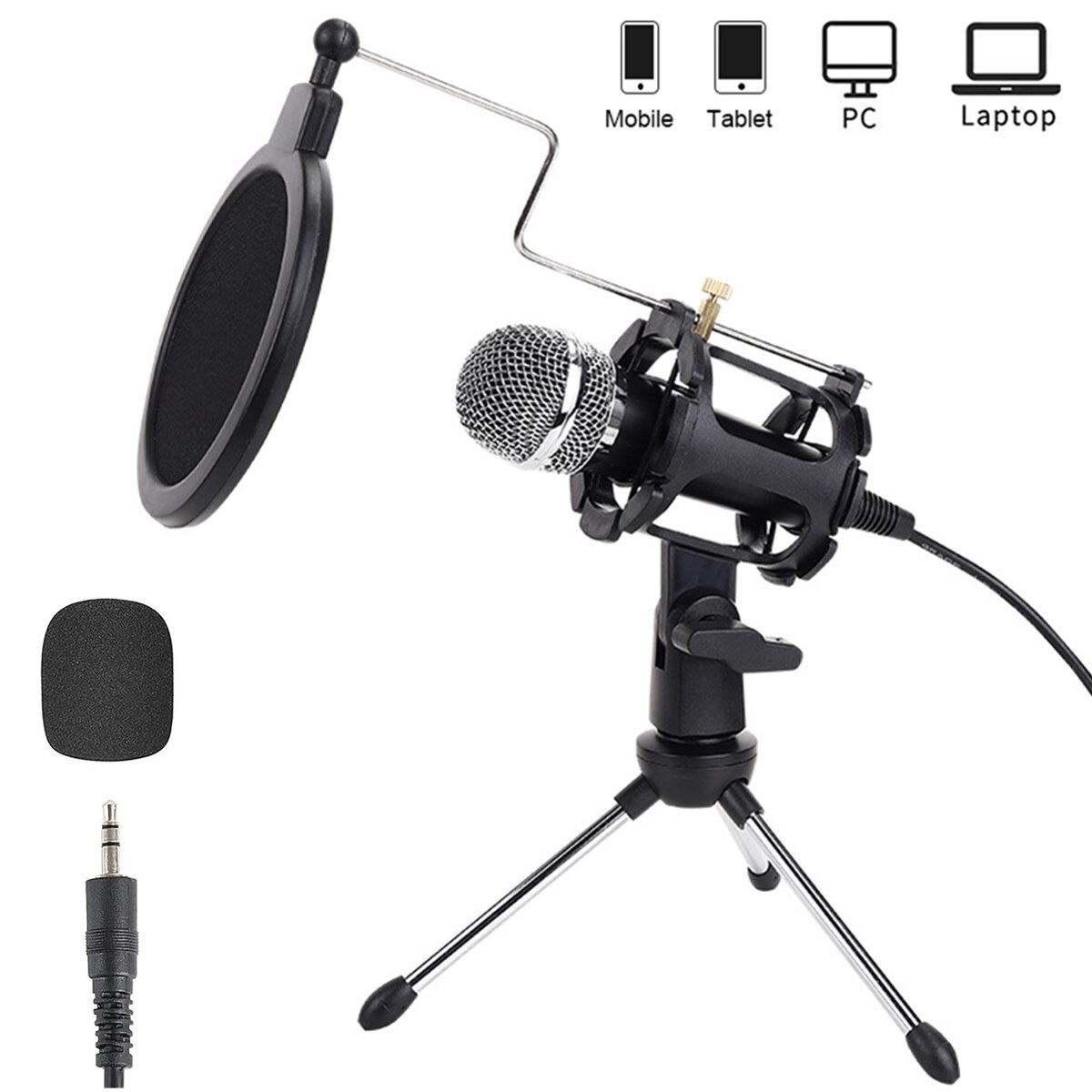 Condenser Microphone Recording 3.5mm Plug&Play for Mac PC Android Gaming Black