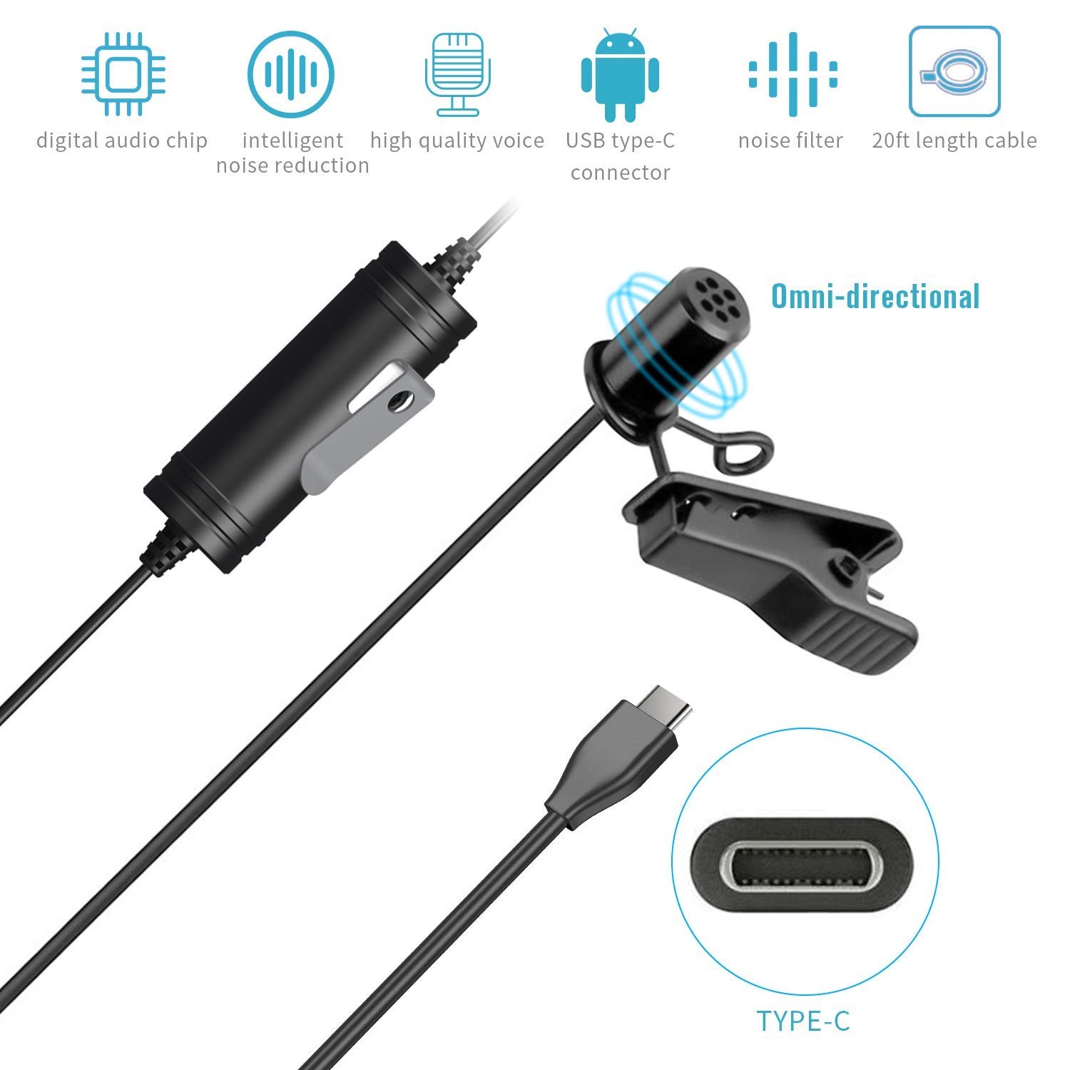 Velikon Lavalier Microphone for Android Devices with USB Type-C Connector Wor…