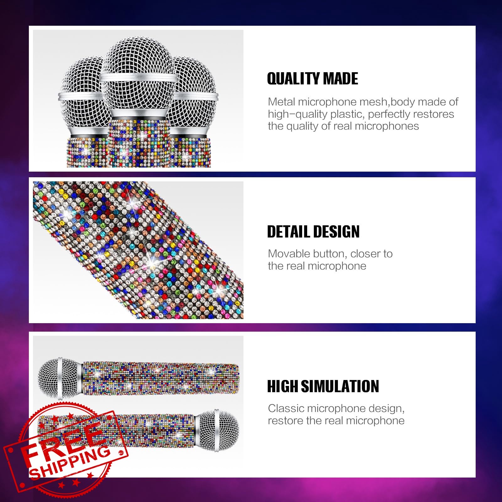Sanwuta Fake Microphone Prop Sparkly Bling Rhinestones Plastic Play Microphon…