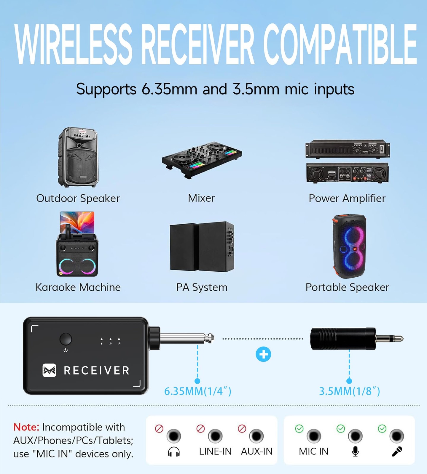 2 PCS Rechargeable Dynamic Wireless Microphones Receiver 200 FT 40 H Karaoke
