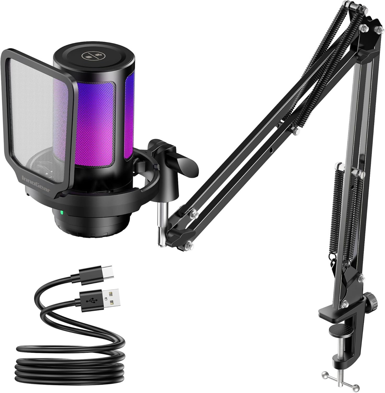 Gaming USB Microphone, Noise Cancellation Condenser Mic with Mute, Gain, RGB Ind