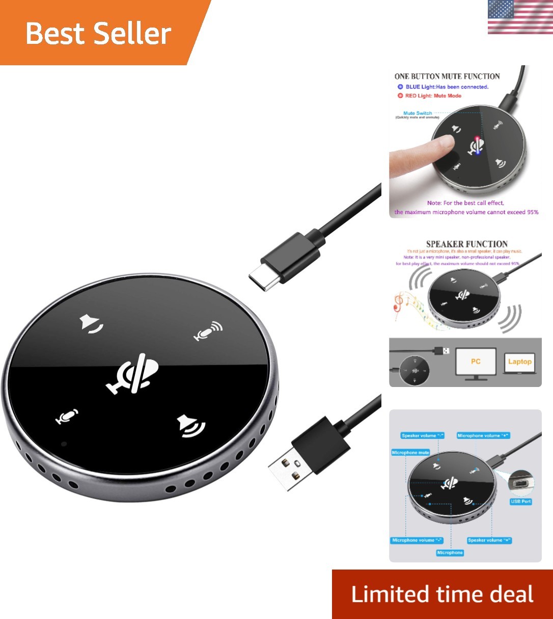 USB Plug & Play Omnidirectional Microphone with Touch Controls for Meetings