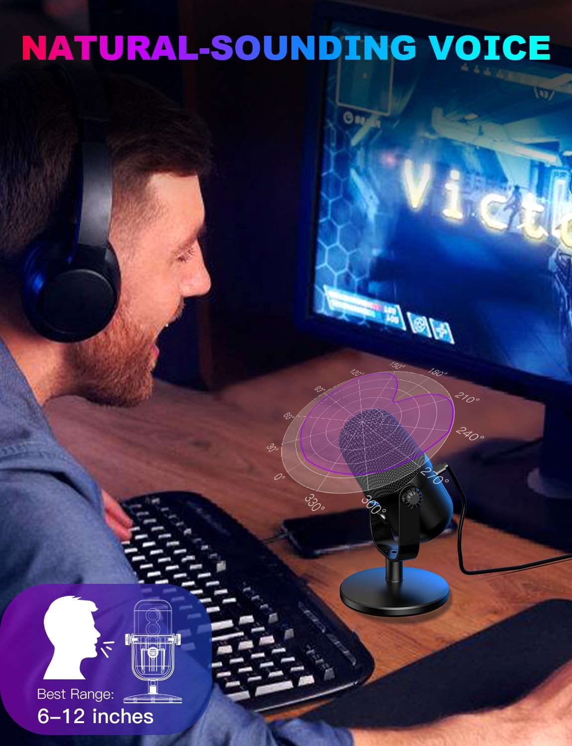 Gaming Microphone with Noise Cancellation & Mute Button, USB Condenser Mic fo…