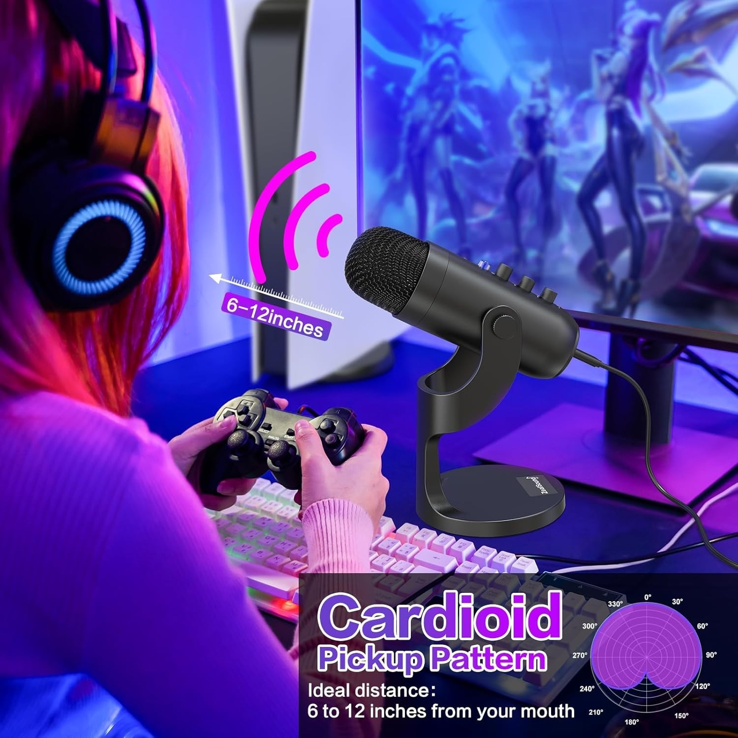 Black USB Microphone for Gamer and Podcaster – Mute Button & Monitoring Features