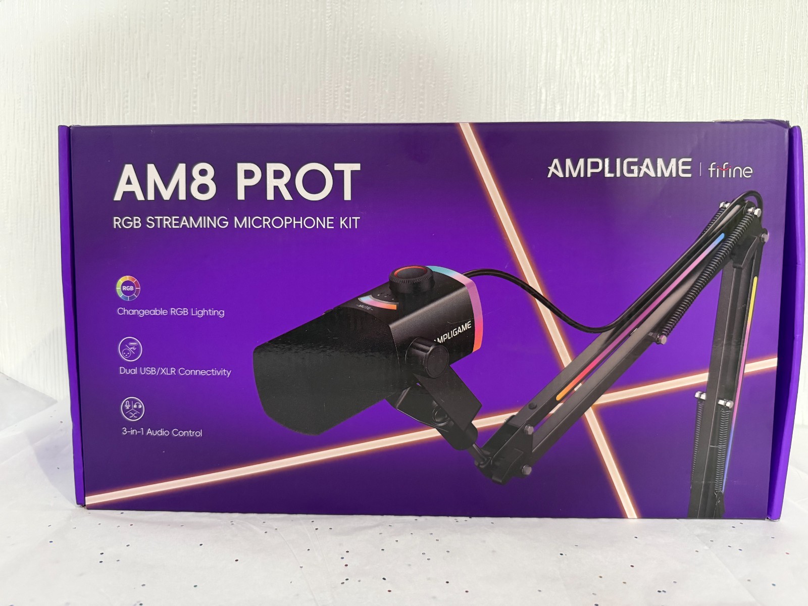 FIFINE AmpliGame AM8PROT Dynamic Microphone Kit with RGB Boom Arm Stand Black