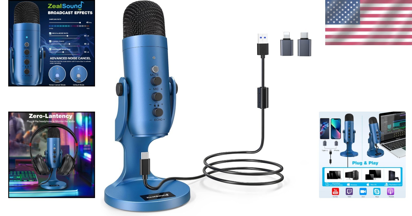 Versatile Blue USB Microphone with Echo Control & Mute Button for Creators