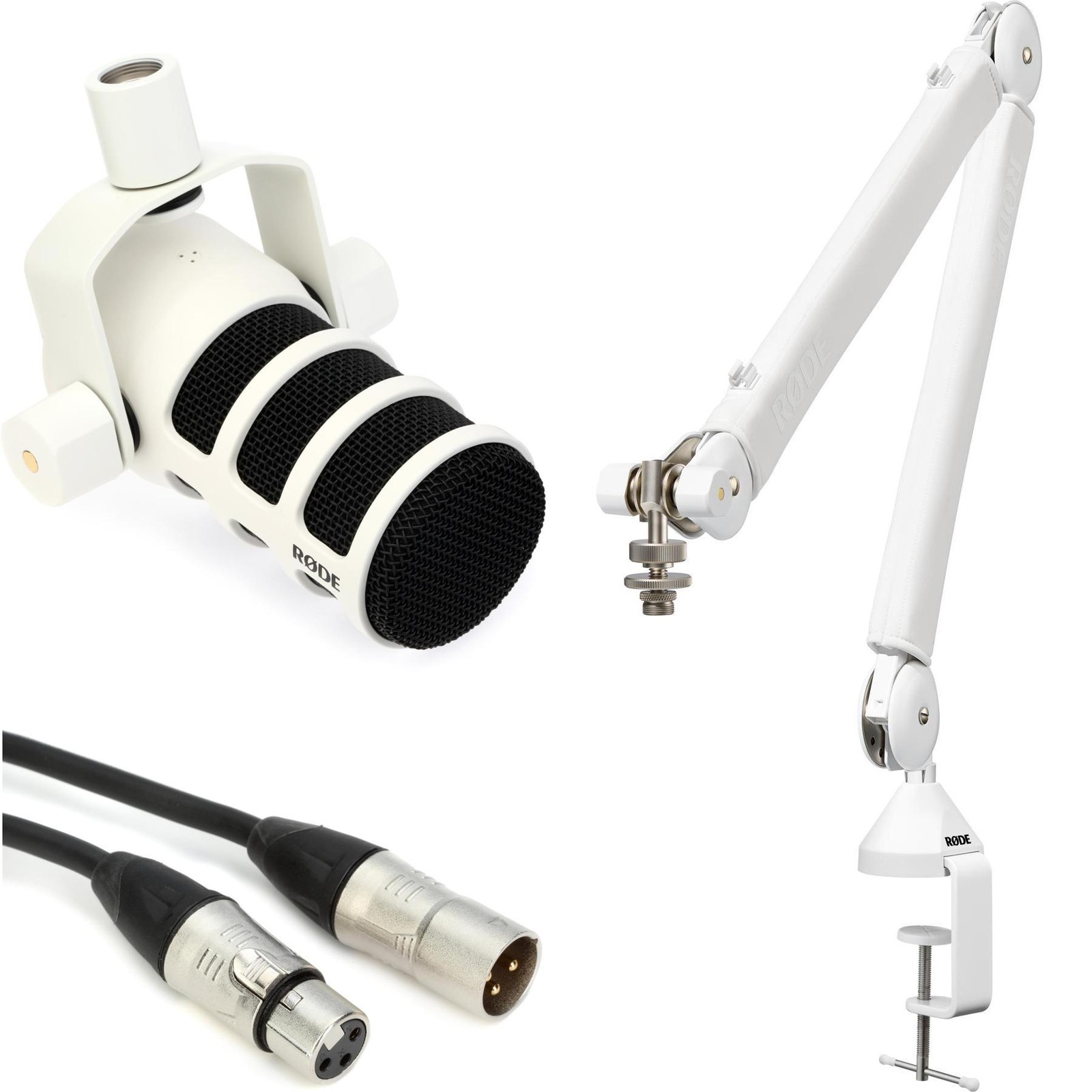Rode PodMic Dynamic Broadcast Microphone and Boom Arm Bundle – White