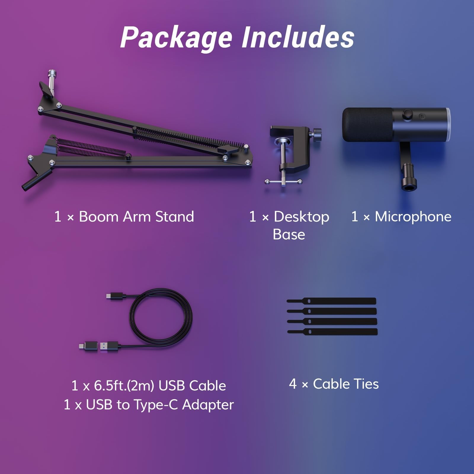 Dynamic Gaming Microphone with AI Noise Cancellation, RGB, Tap Mute & Boom Arm