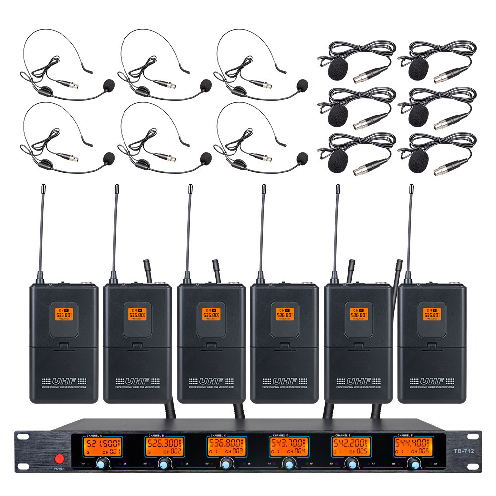 Wireless Microphone System UHF Profession 6 Channel Lavalier Headset 6 Bodypack