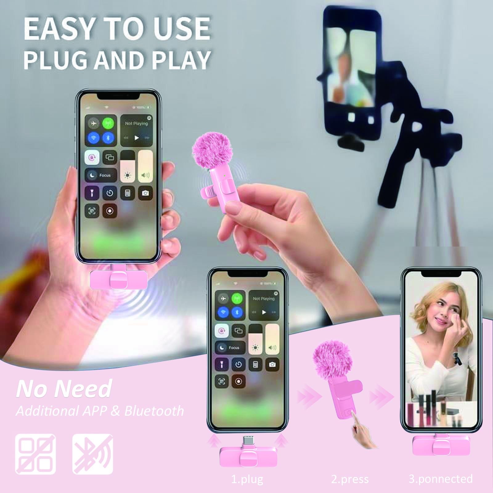 Pink Mini Wireless Microphone, Professional Lavalier Lapel Mic with