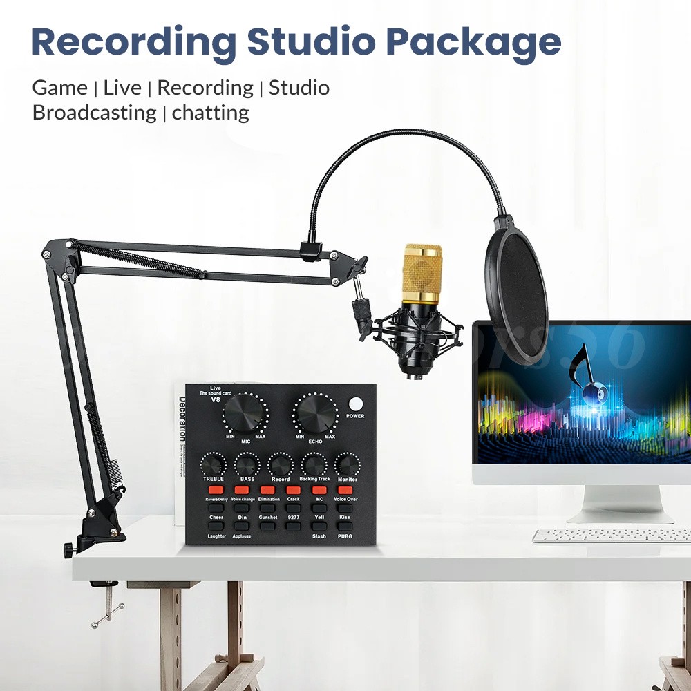 2 Condenser Microphone Podcast Equipment Bundle Studio Recording Kit Music Mixer