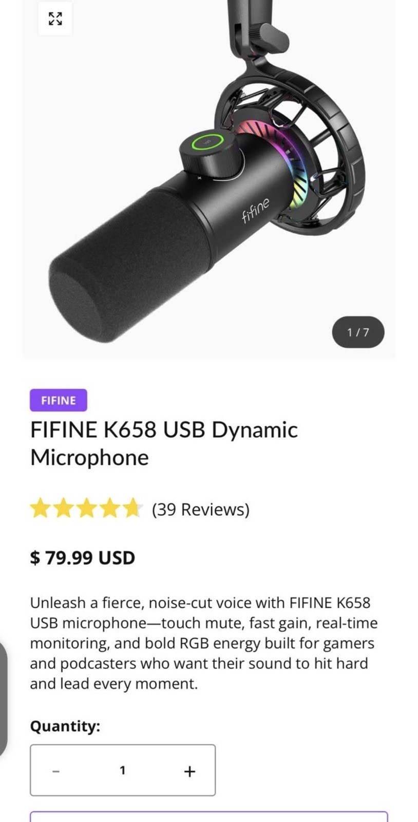 Fifine K658 USB Dynamic Microphone RGB Touch Mute Noise-Cancelling Black