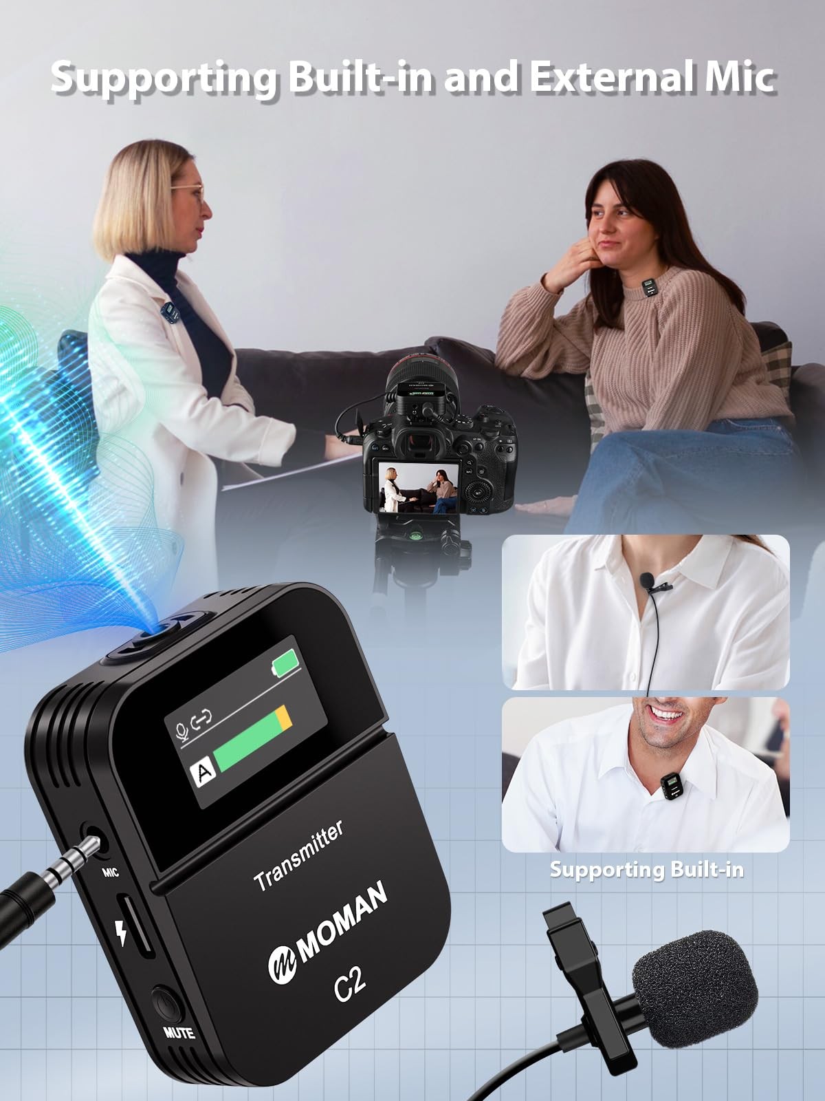 Moman Wireless Lavalier Microphone C2X, 2.4G Dual Transmitter Black