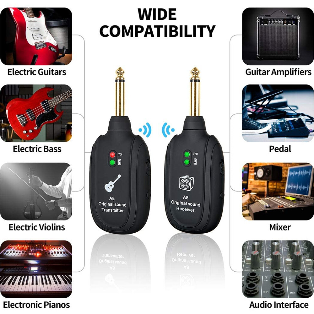 Guitar Bass WIRELESS System Transmitter Receiver Built In Rechargeable Battery