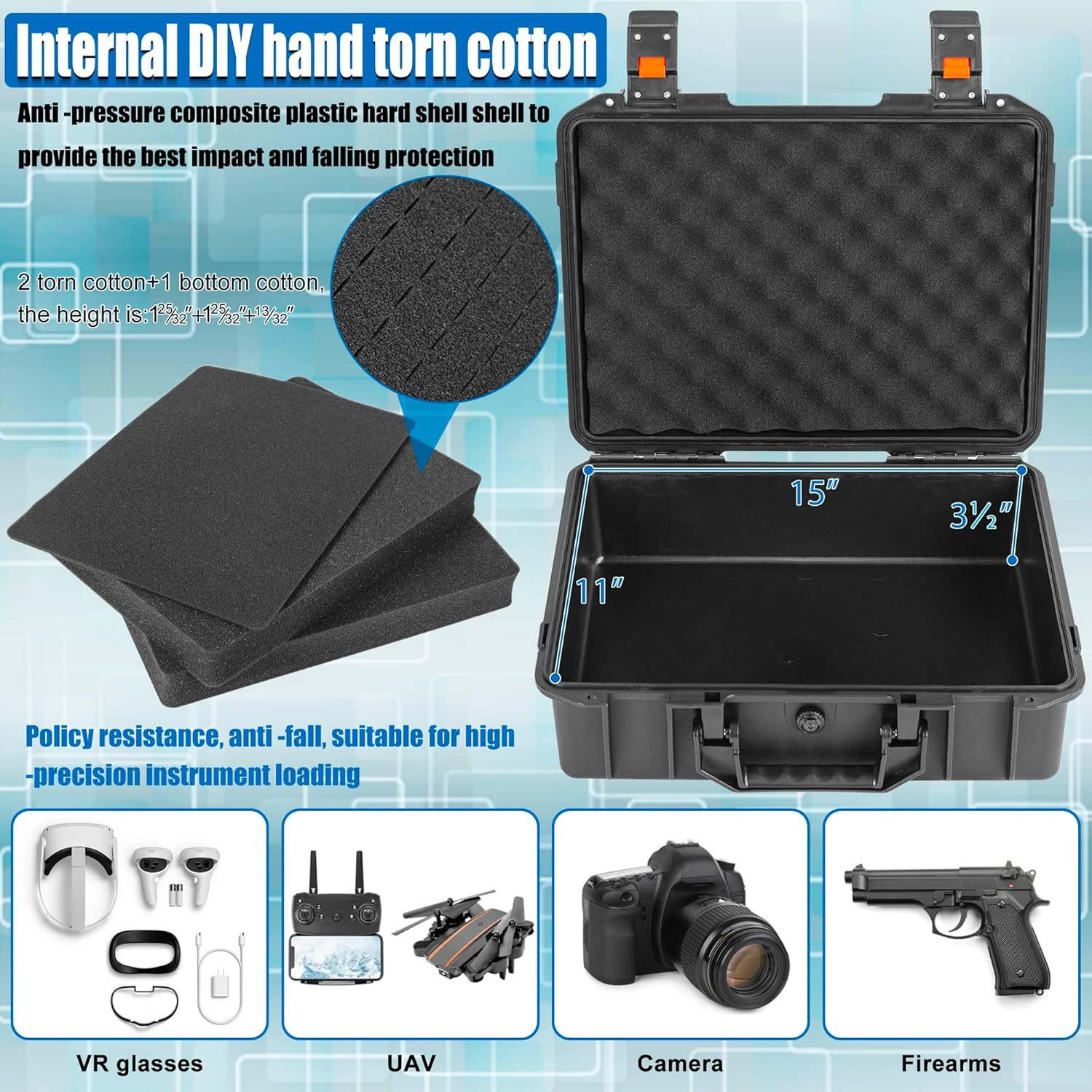 16 Inch Hard Carrying Case,Shockproof Storage Box with Customizable Foam,Portabl