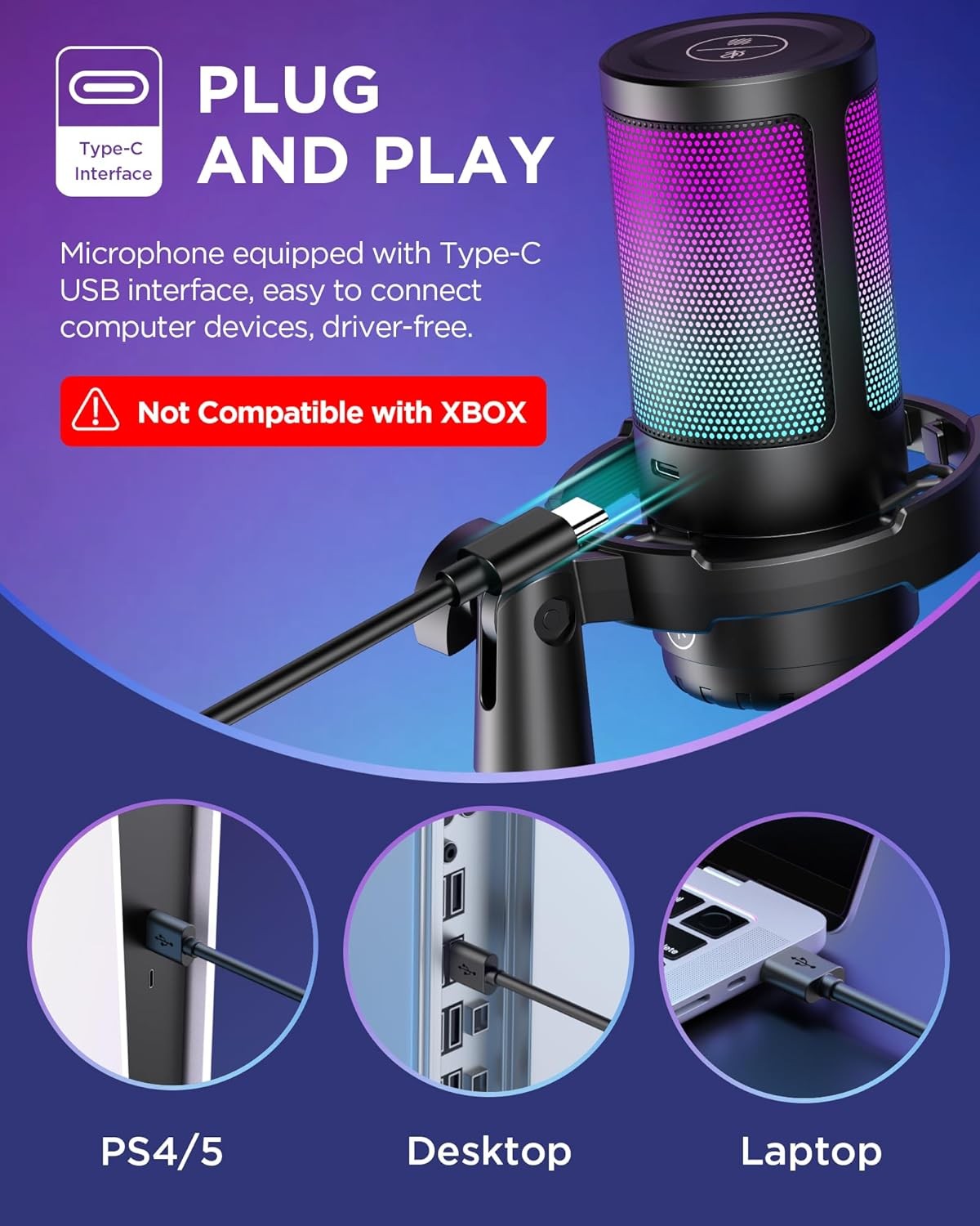 Gaming USB Microphone, Noise Cancellation Condenser Mic with Mute, Gain, RGB Ind