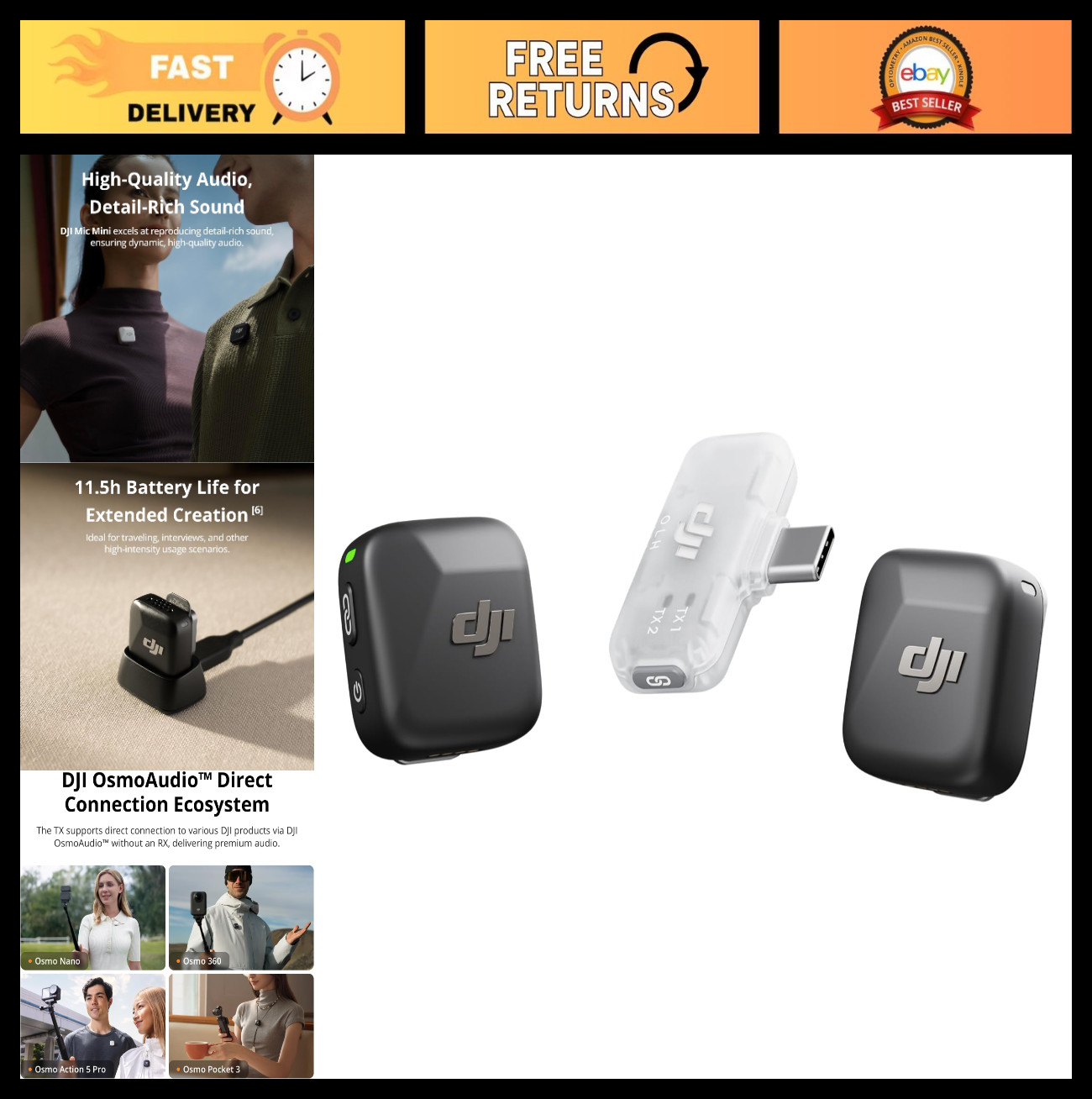 Wireless Lavalier Microphone for iPhone & Android, 300m Range, Noise Cancelling,
