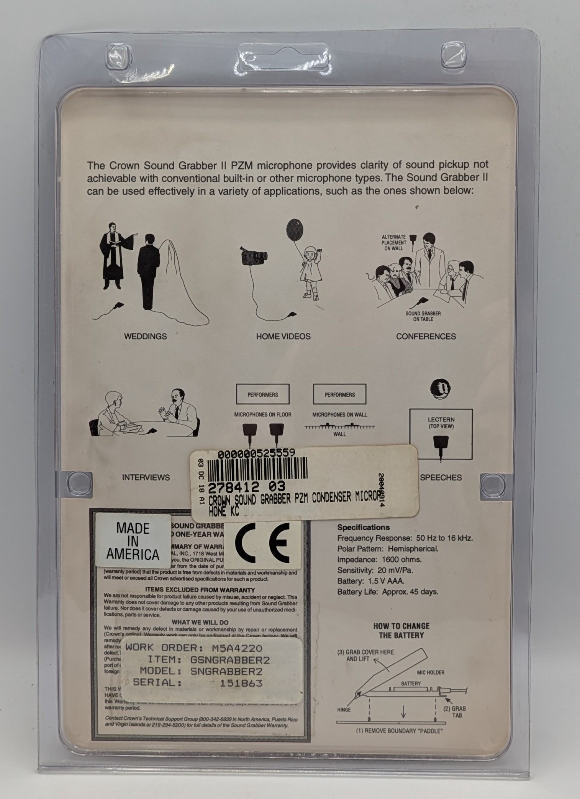 Crown Sound Grabber II PZM Microphone NOS