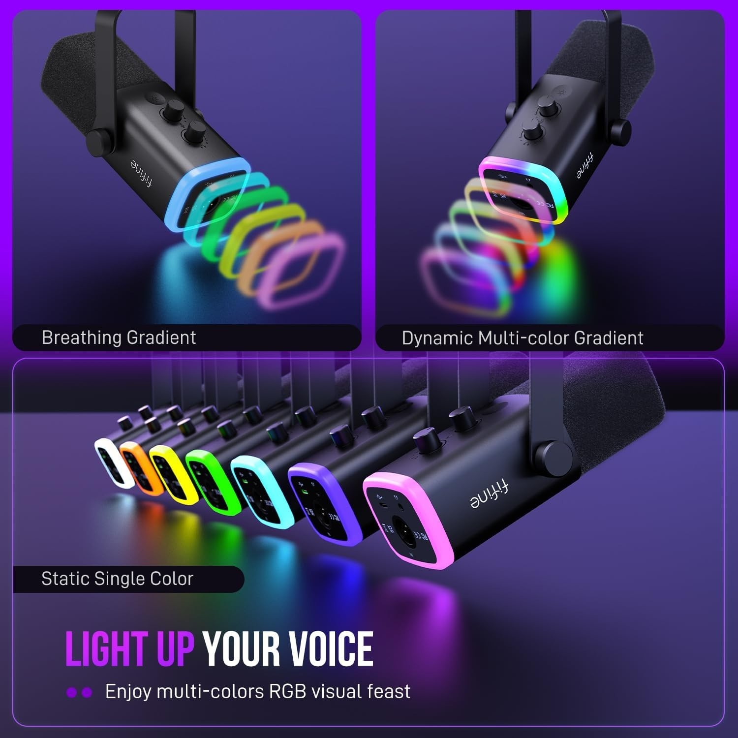 FIFINE AM8 USB/XLR Dynamic RGB Gaming Streaming Podcast Microphone w/Mute.