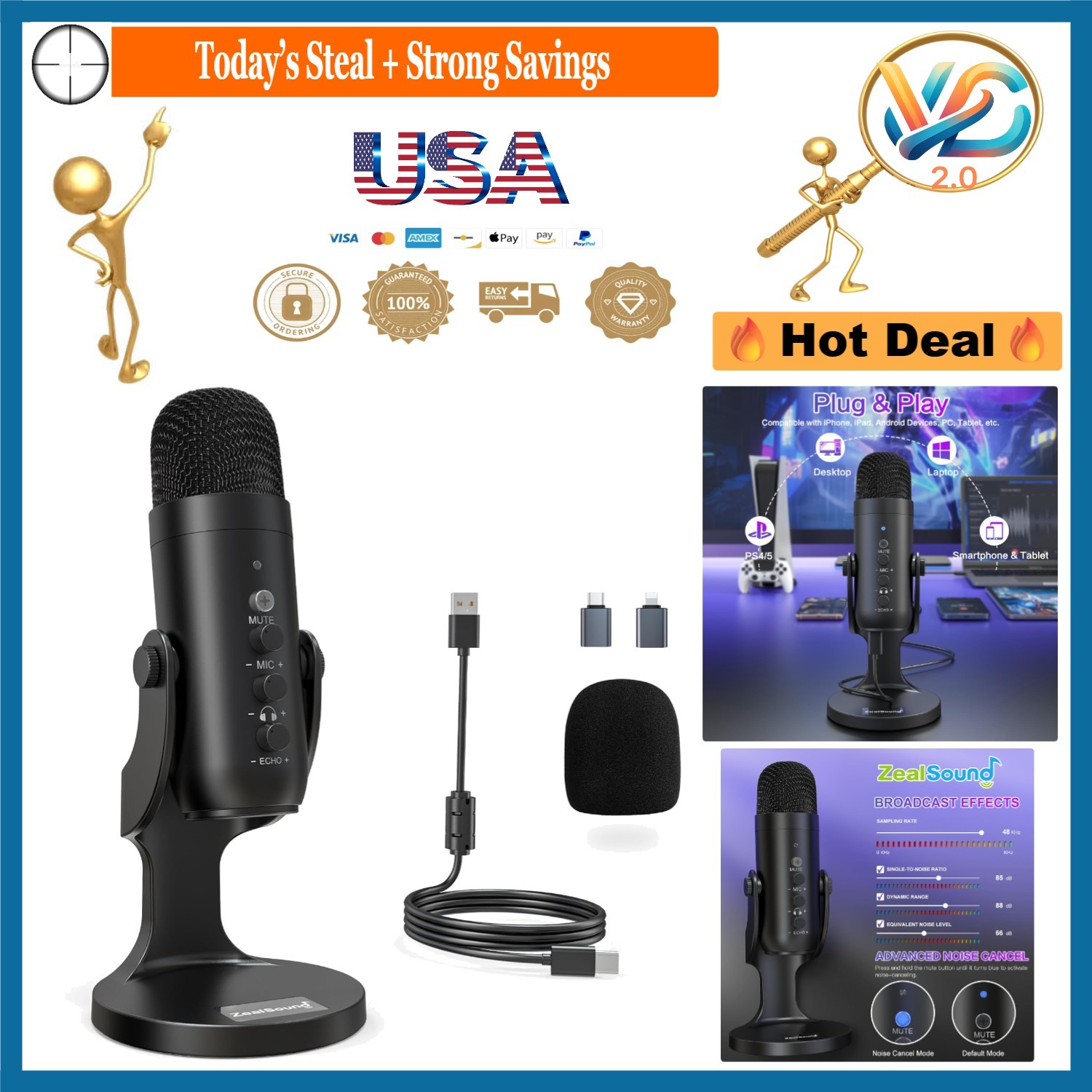 Professional USB Podcast Microphone Noise Cancelling for PC Mac iPhone