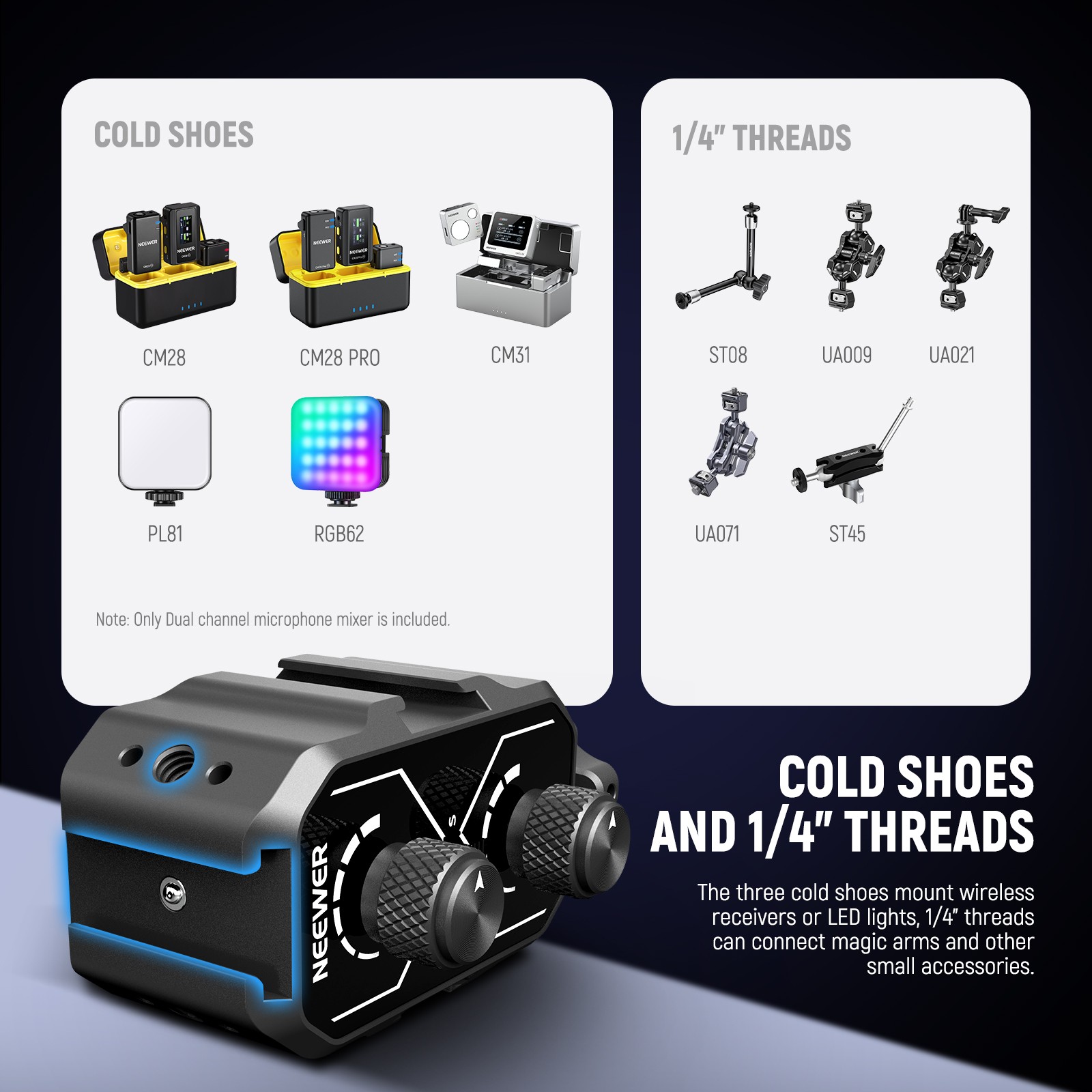 NEEWER MM01D Dual Mic Mixer w/Cold Shoe, 3.5mm TRS for Camera/Phone