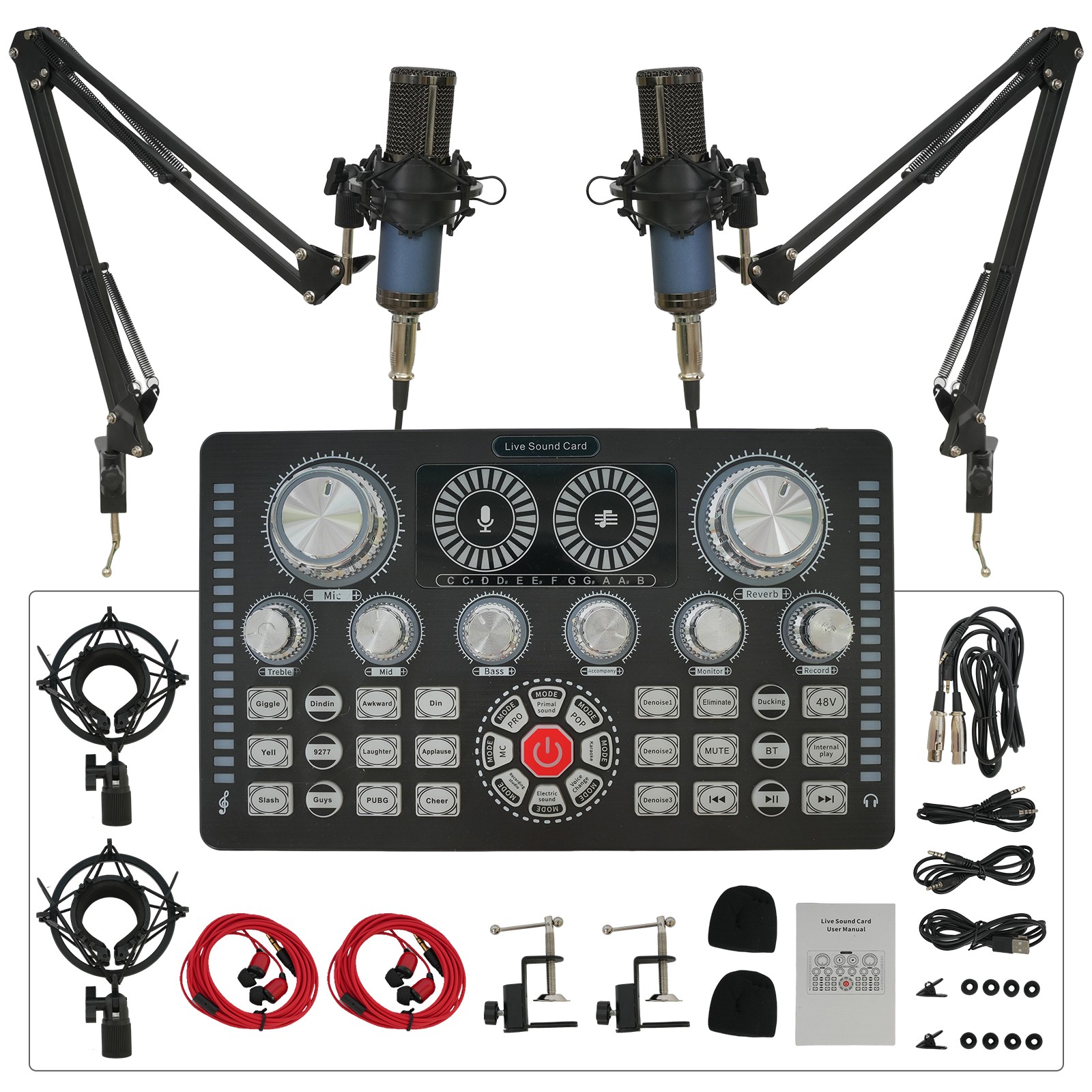 Studio Recording Kit Podcast Equipment Bundle Music Mixer with 2 Microphones Kit