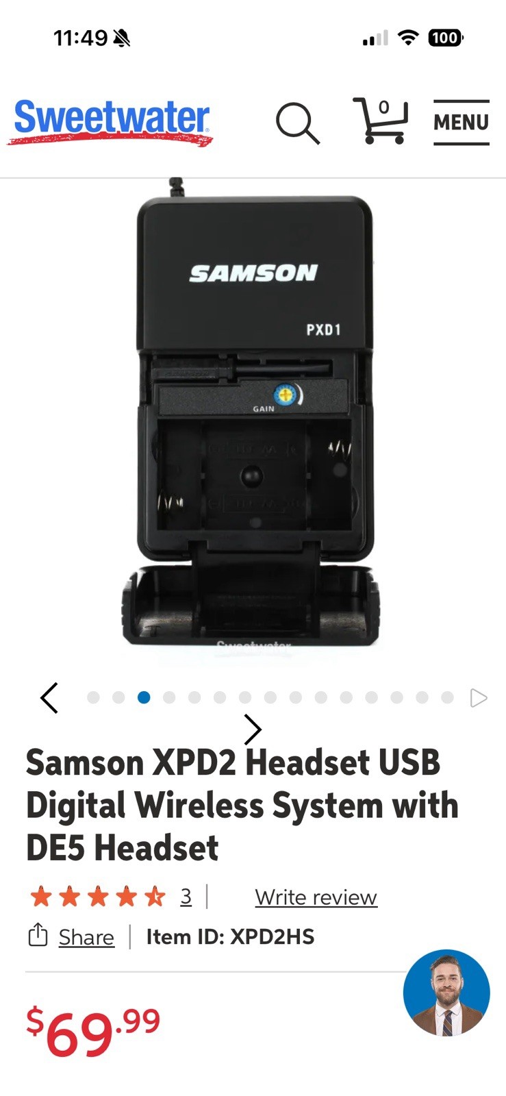 Samson XPD2 DE5 Wireless USB Headset System, Bodypack Transmitter, Black