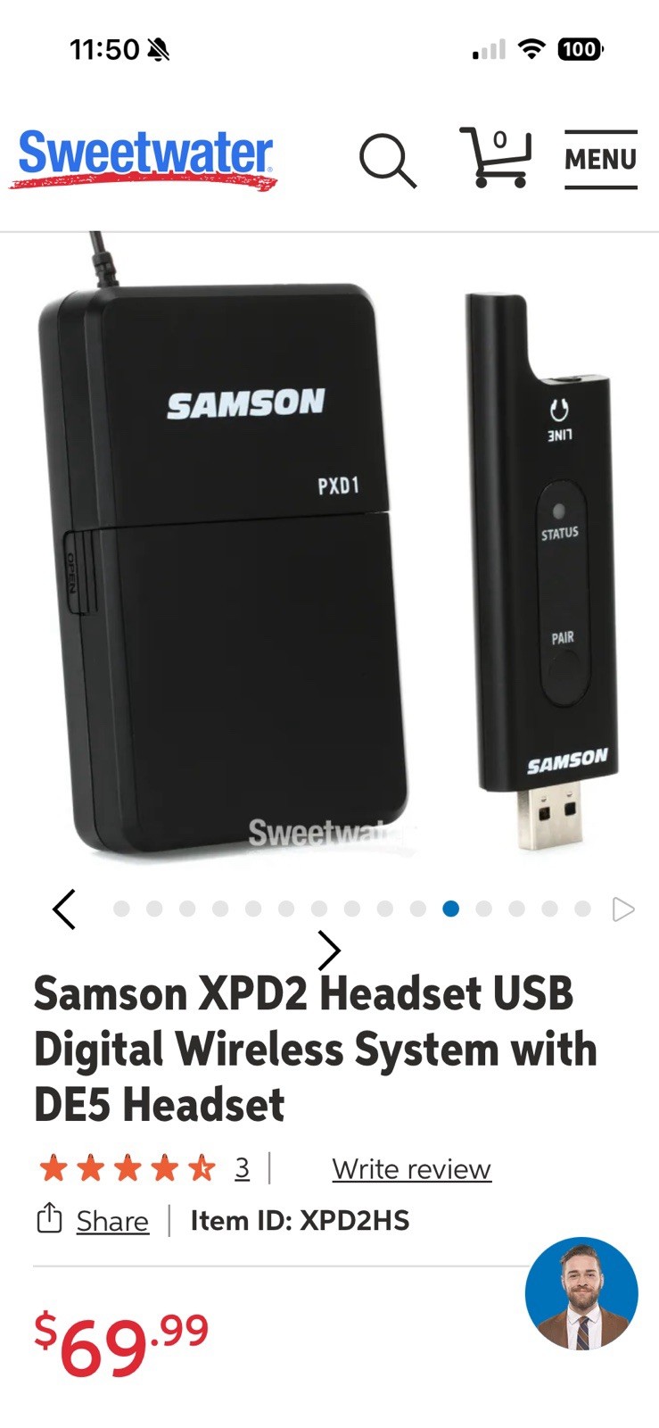 Samson XPD2 DE5 Wireless USB Headset System, Bodypack Transmitter, Black