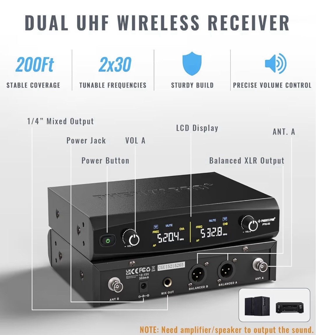 Phenyx Pro PTU-52 Dual UHF Wireless Microphone System, 2 Handheld Mics