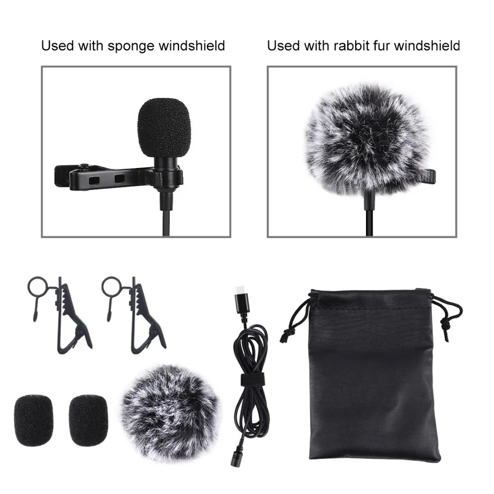 1.5m 3.5mm / Type C Jack Lavalier Wired Condenser Recording Microphone for mobil