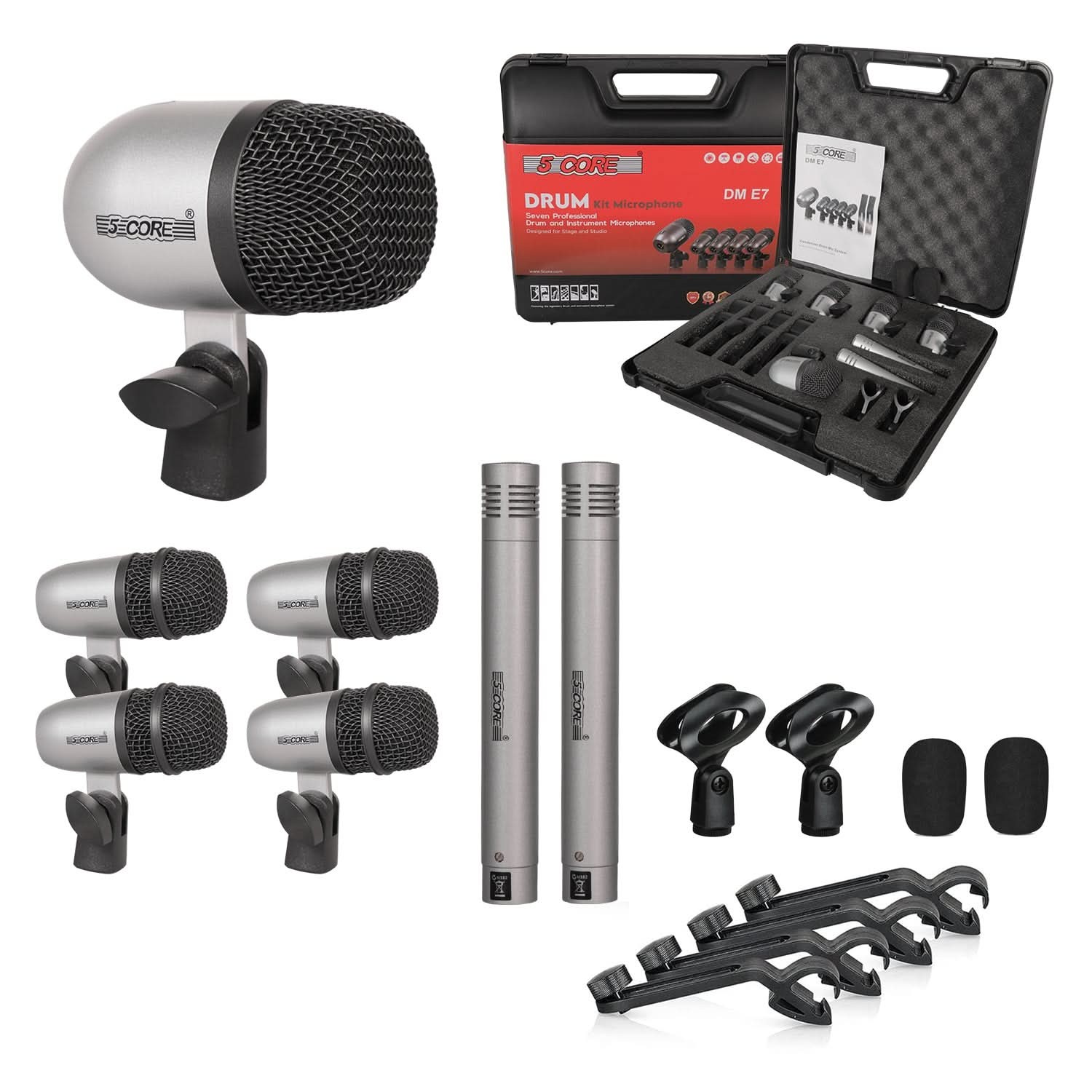 5 Core Drum Microphone Kit 7Pc All Metal Drummer Mics Tom/Snare & Cymbals Wired