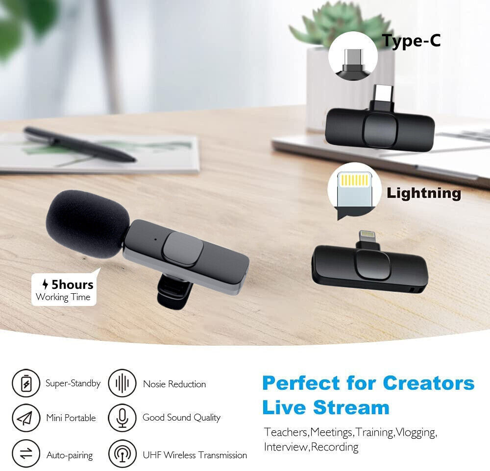 Wireless Lavalier Microphone Mini Mic Audio Video Recording For iPhone Android