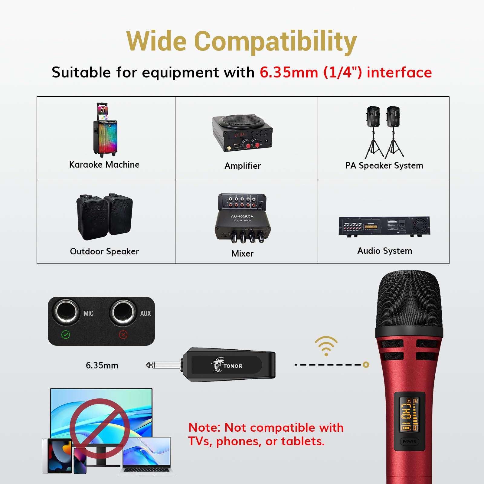 TONOR Wireless Microphones, Dual UHF Karaoke Microphone System, Microfonos