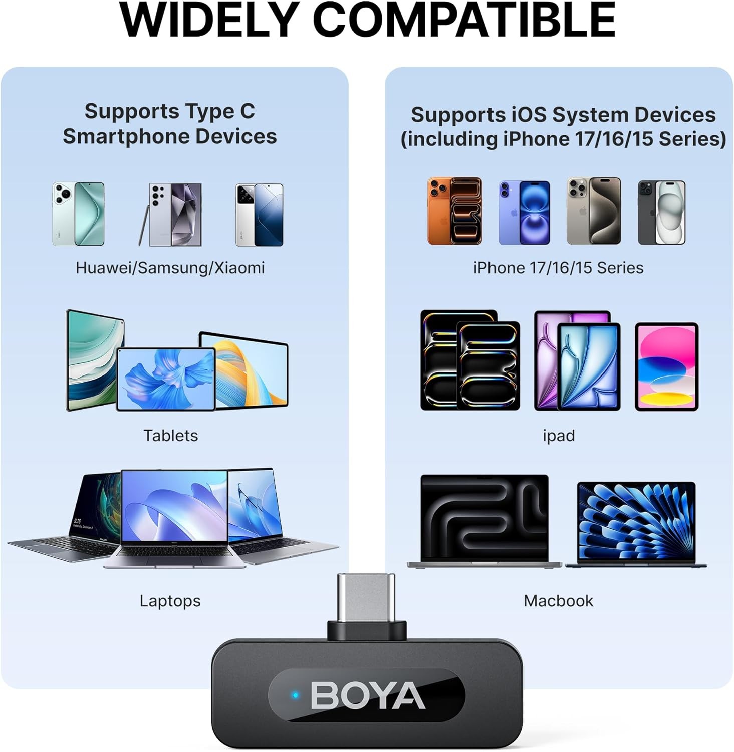BY-V20 Wireless Microphones for iPhone 17/16/15 & Android/Laptop with USB-C Port