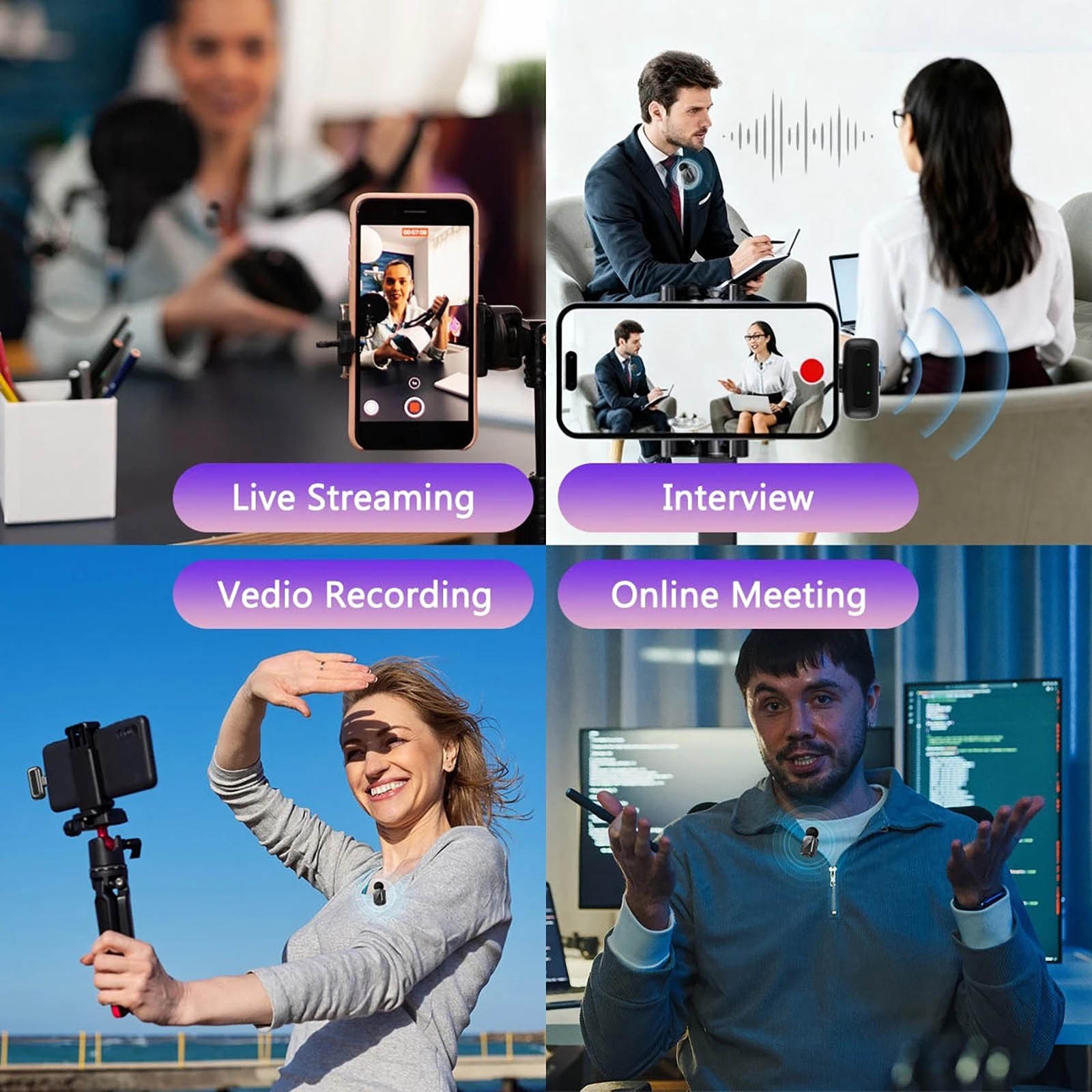 2.4G Wireless Lavalier Microphone Kit for Type-C Phone Tablet Noise Cancelling