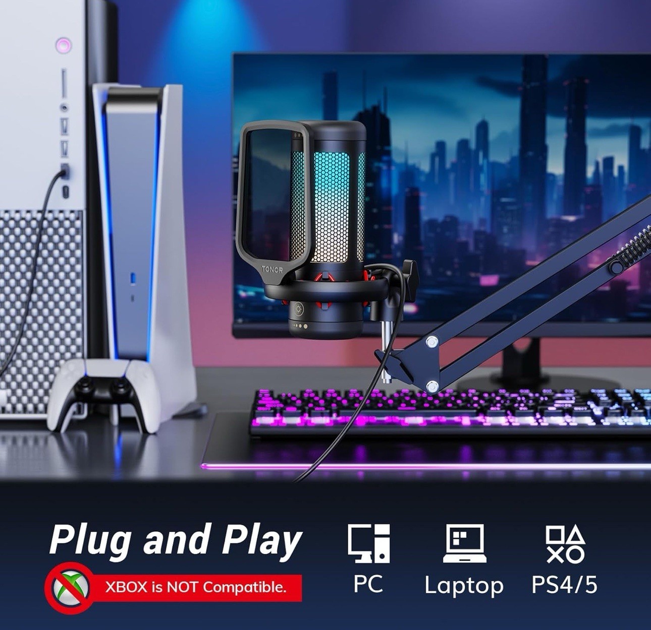 Gaming USB Microphone Set for PC, RGB Condenser Mic with Boom Arm Quick Mute,