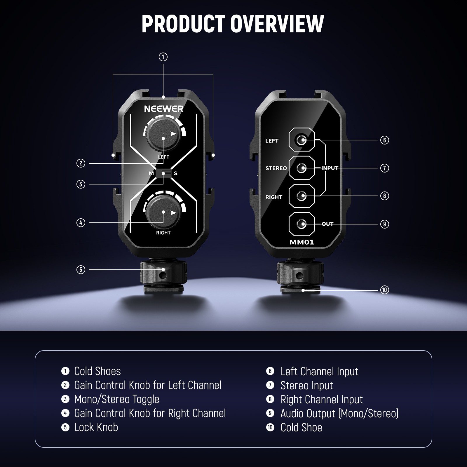 NEEWER MM01D Dual Mic Mixer w/Cold Shoe, 3.5mm TRS for Camera/Phone