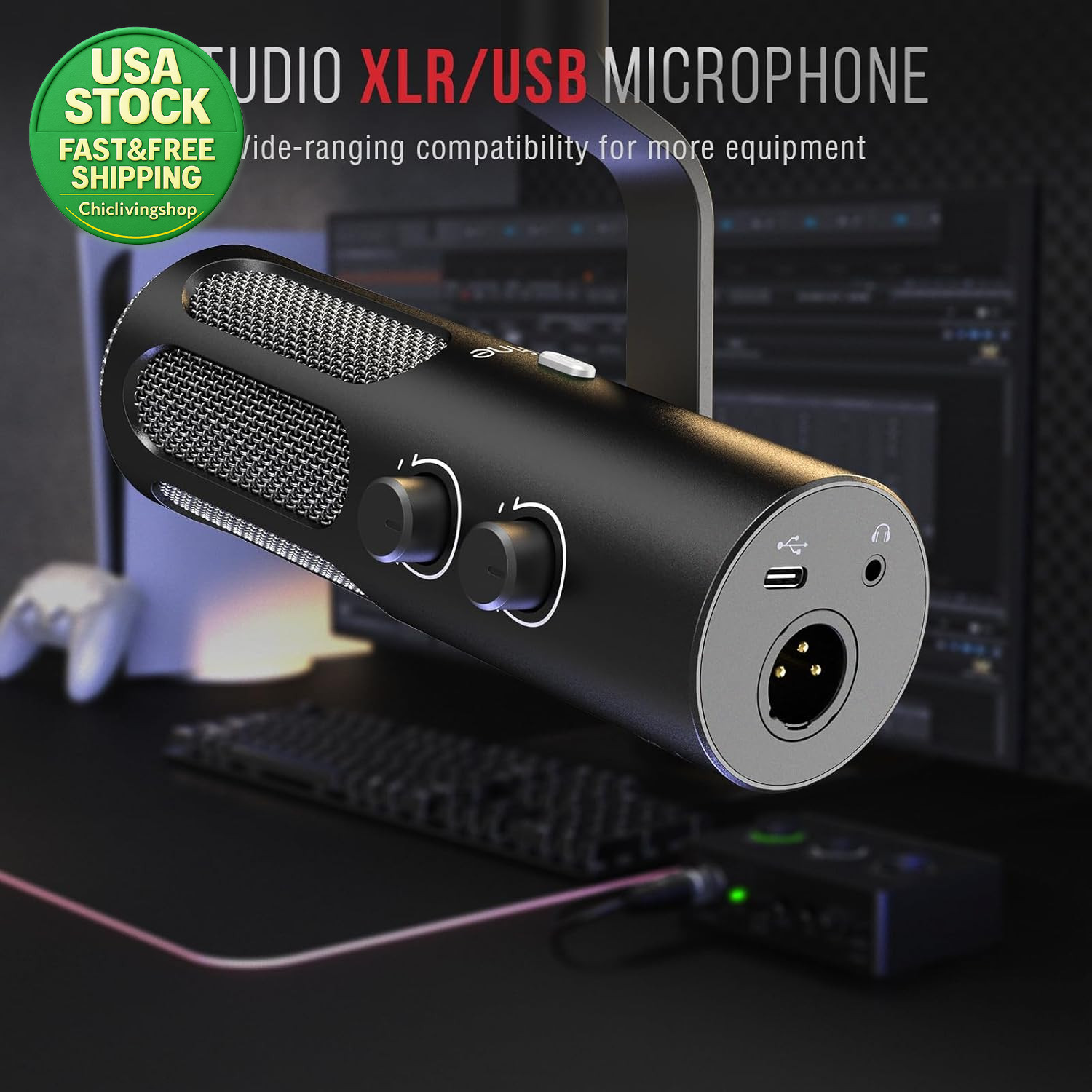 XLR USB Dynamic Podcast Microphone with Mute Button and Headphone Jack
