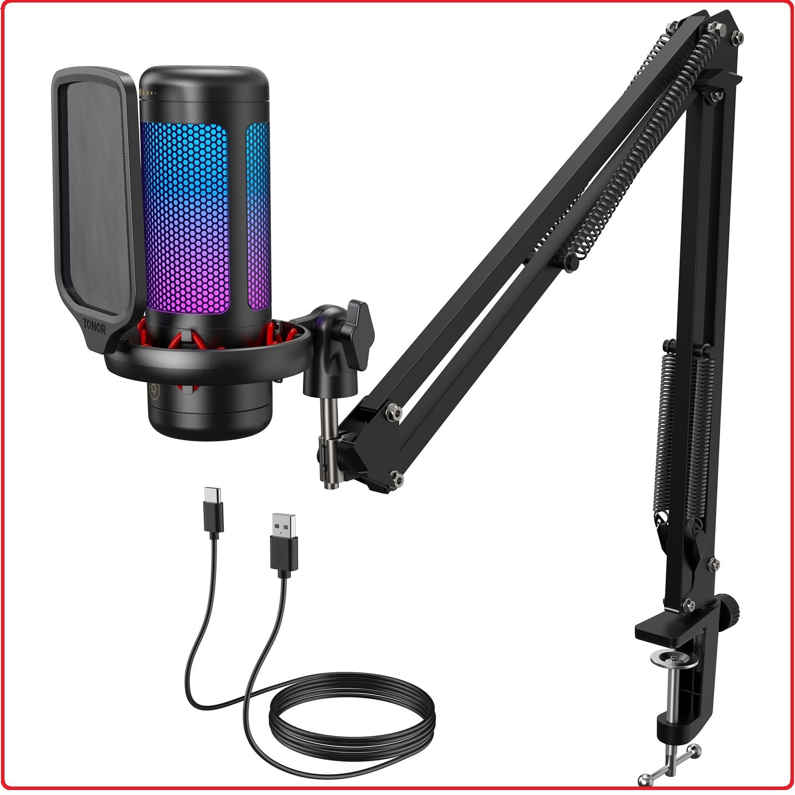 TONOR TC310+ USB Gaming Microphone Boom Arm RGB Mic PC Twitch Streaming Black