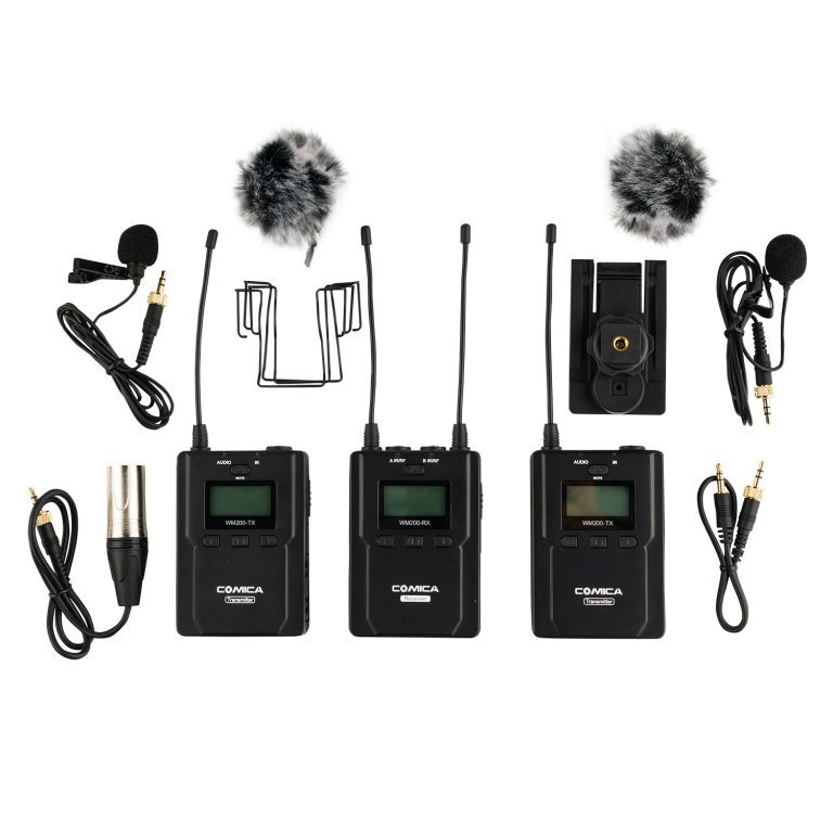 Dual-Transmitter Lavalier Microphone Kit 2x Transmitters x1 Receiver – Comica
