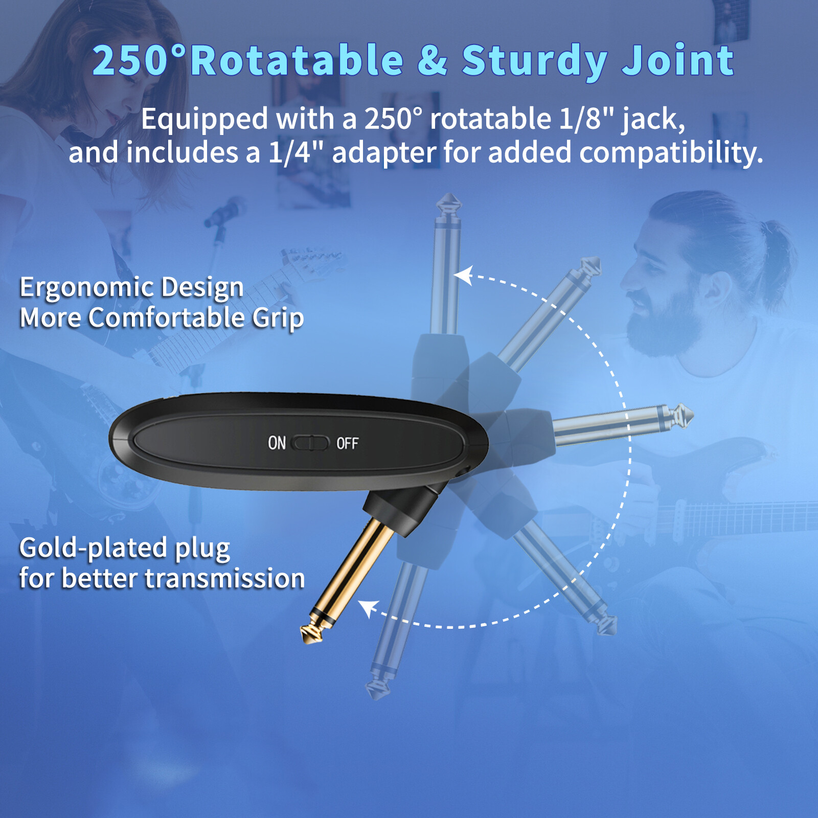 2.4GHz Digital Wireless Guitar Transmitter Receiver fit Bass – Gold Plated Plug