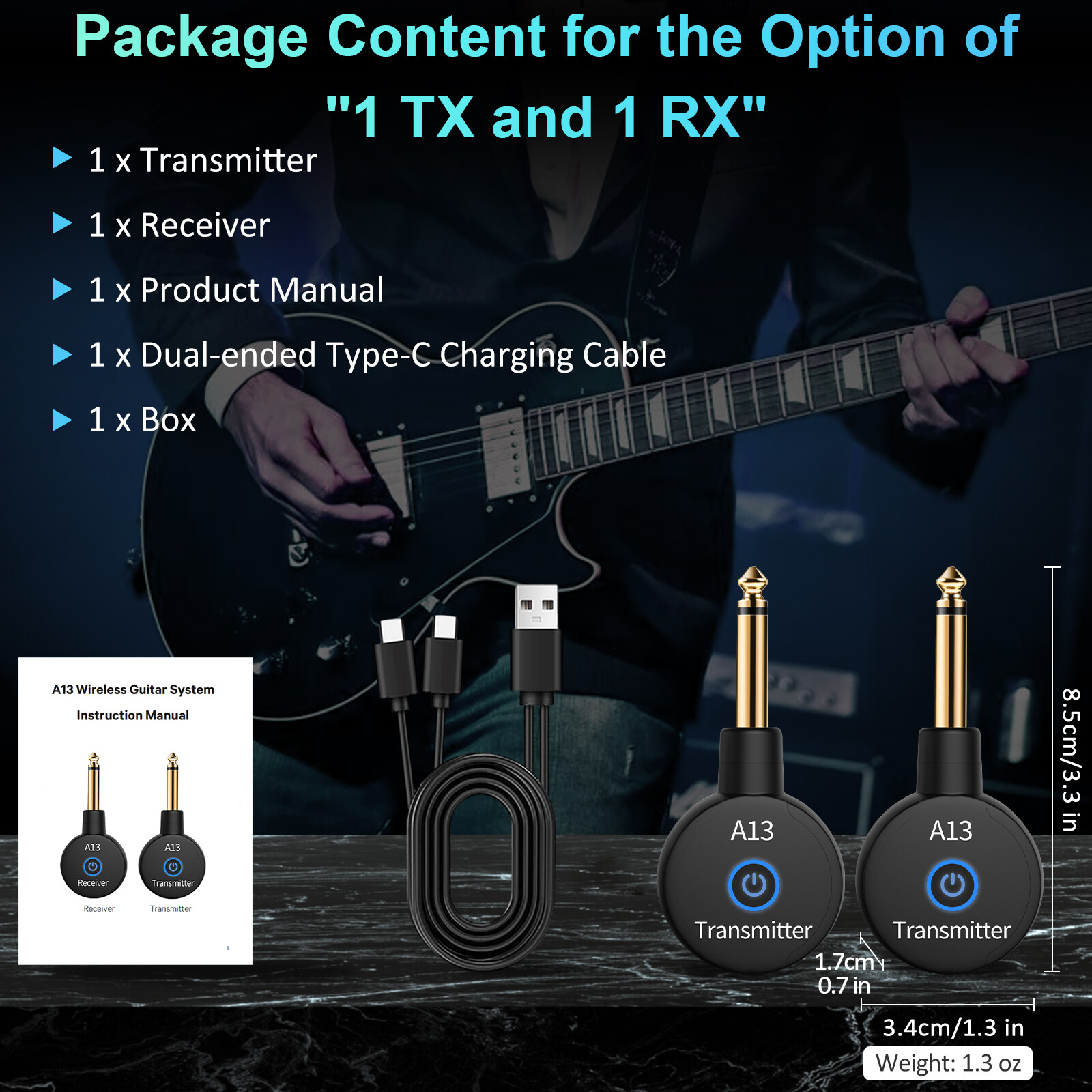 2.4GHz Wireless Guitar Bass System Dual Transmitter Receiver Rechargeable 100ft