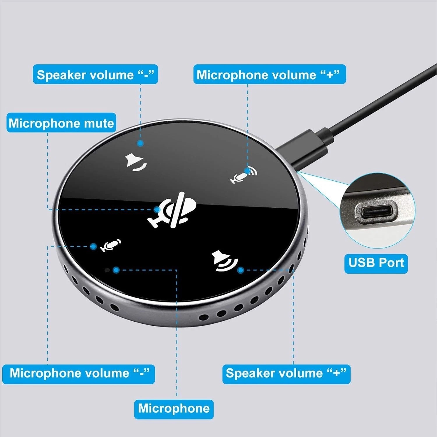 USB Plug & Play Omnidirectional Microphone with Touch Controls for Meetings