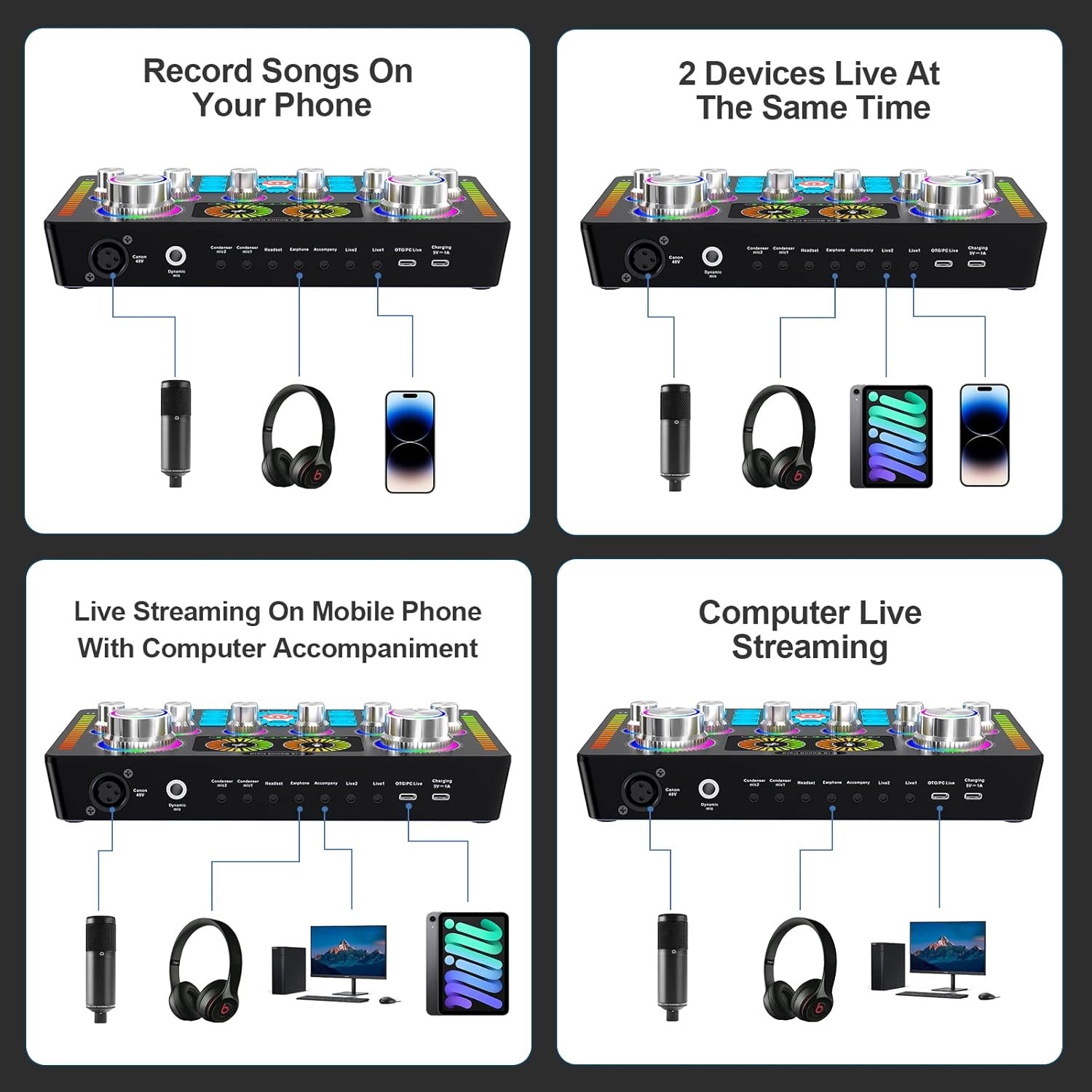Studio Recording Kit Podcast Equipment Bundle Music Mixer with 2 Microphones Kit