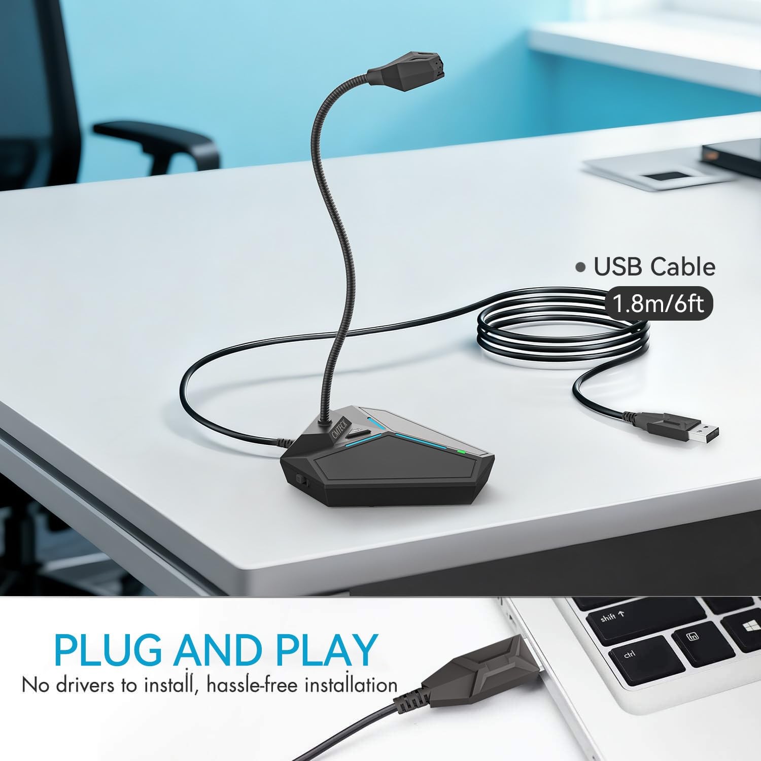 USB Computer Microphone, Plug &Play 4.3 x 5.1 x 13.8 inches, with mute button
