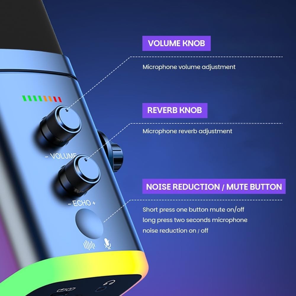 USB/XLR Desktop Dynamic Microphone with RGB Light, Noise Reduction & Mute Button