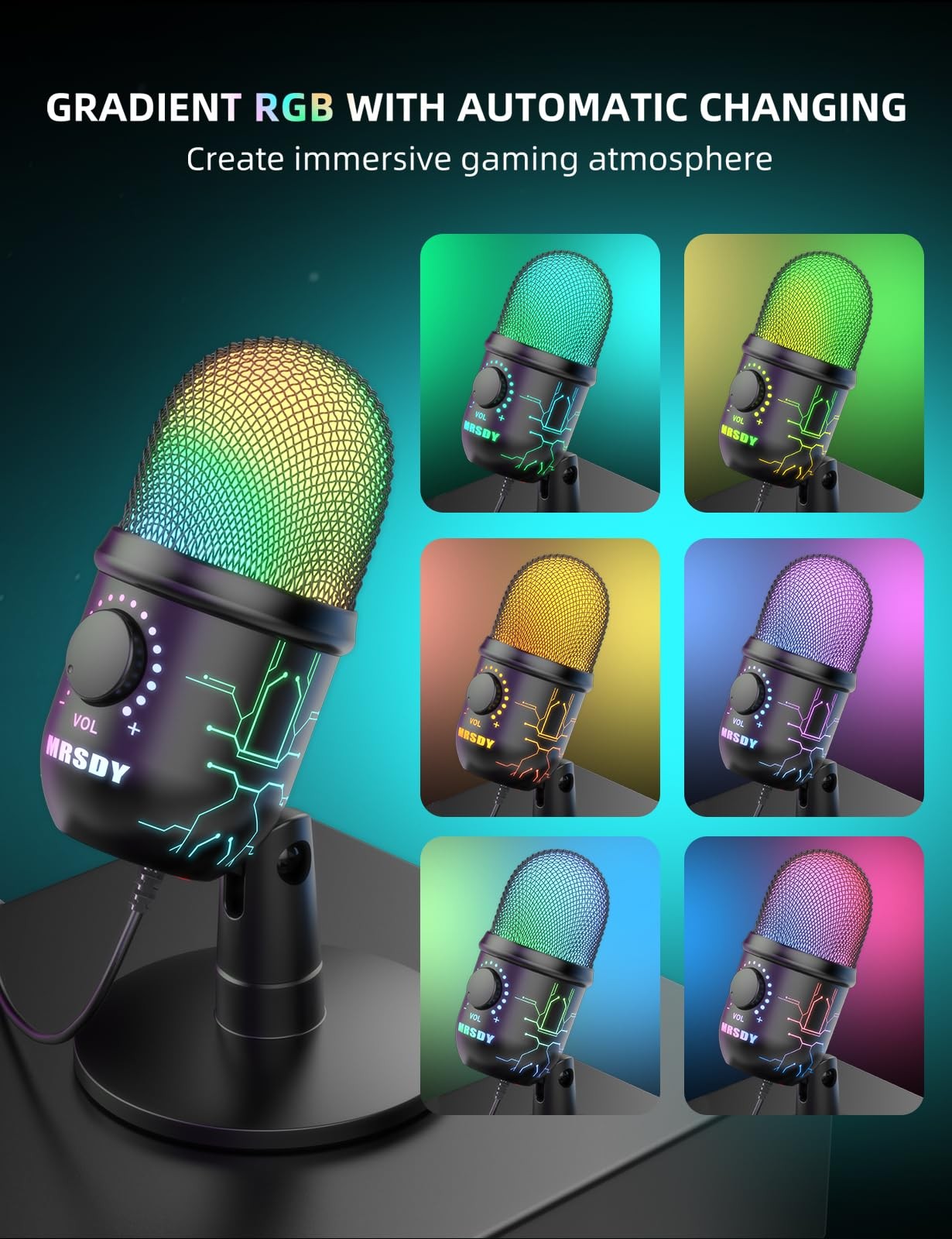 Gaming Microphone, USB Computer Microphone for PC, 3.54×3.54×6.3inch, Black