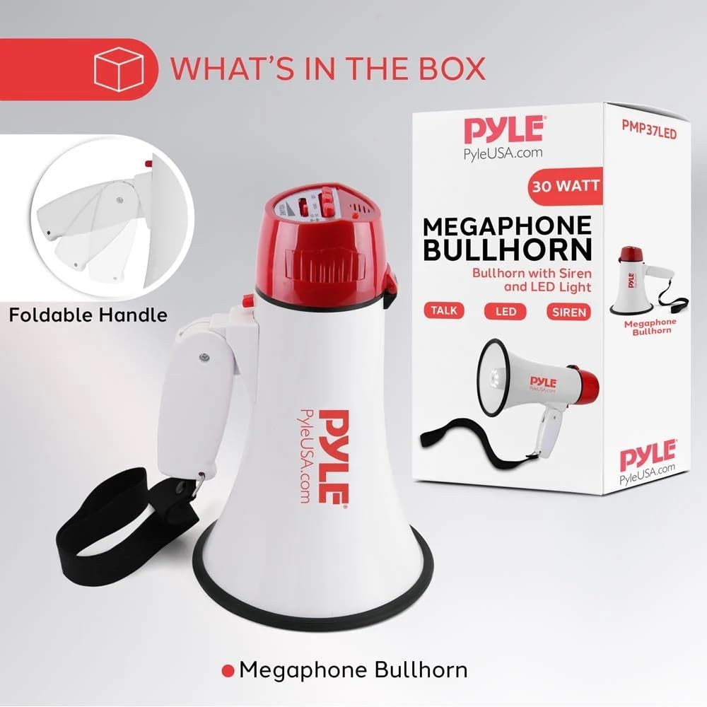 Pyle 30W Megaphone Bullhorn with Built-in Siren, LED Lights, Medium, White