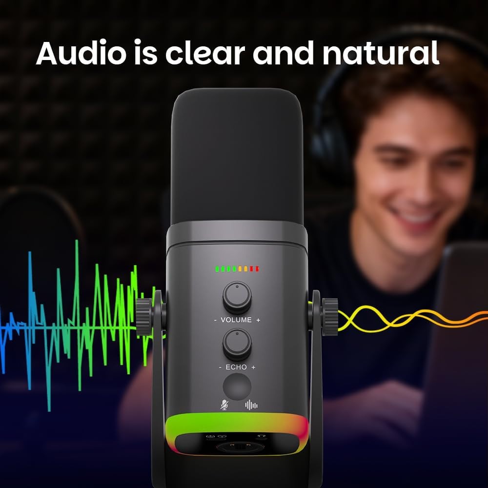 USB/XLR Desktop Dynamic Microphone with RGB Light, Noise Reduction & Mute Button