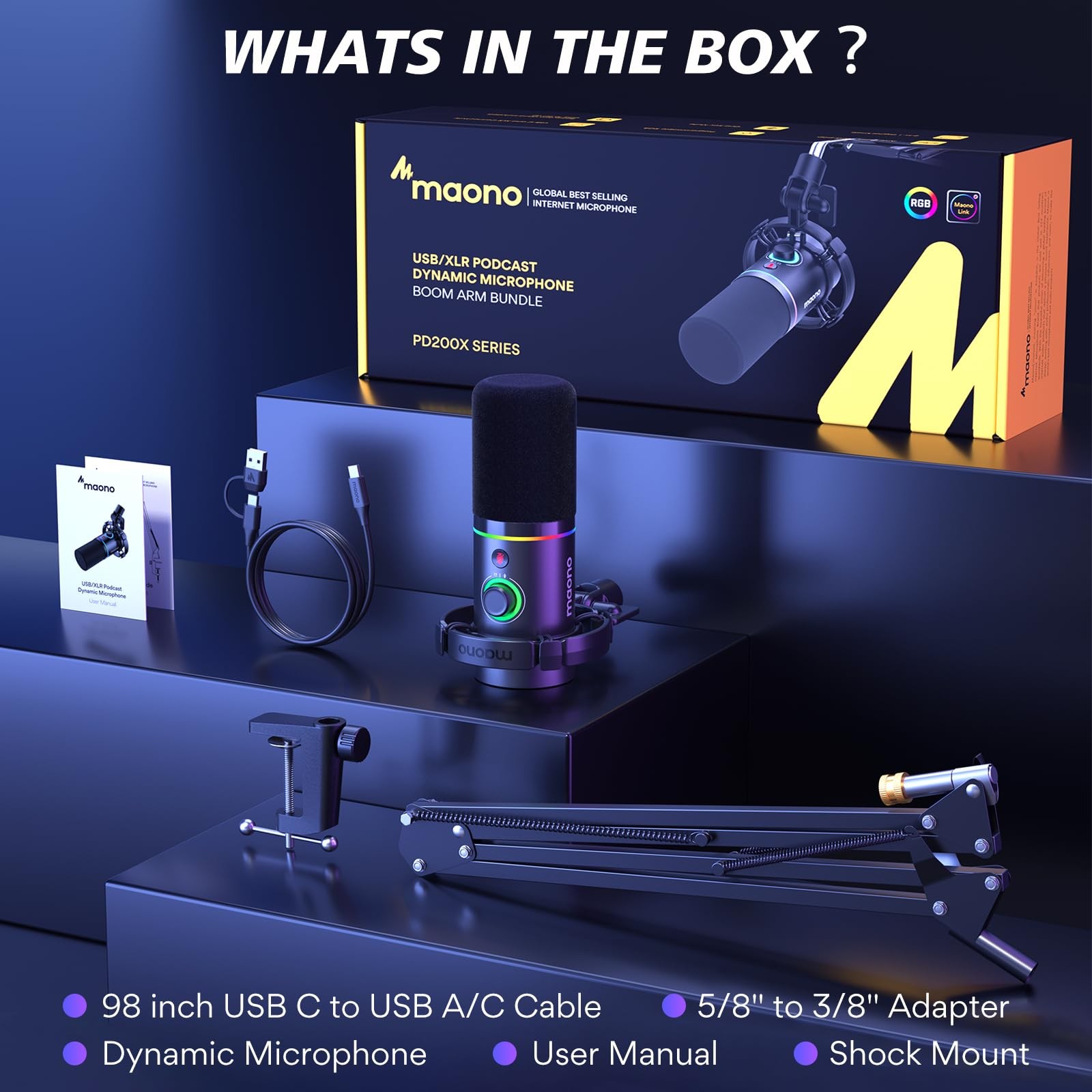 XLR/USB Dynamic Microphone Kit, RGB Podcast Mic with Software, Mute, Gain Kno…